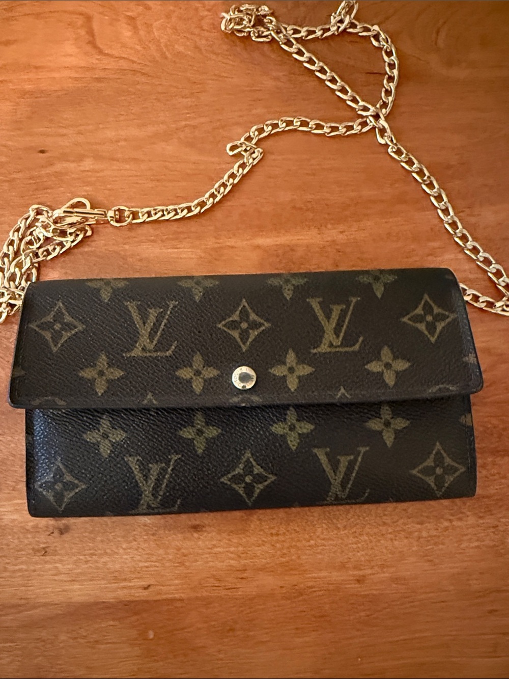 Louis Vuitton Monogram Chain Crossbody Wallet in Brown with Gold Chain